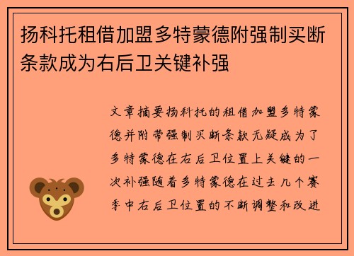 扬科托租借加盟多特蒙德附强制买断条款成为右后卫关键补强 扬科托租借加盟多特蒙德附强制买断条款成为右后卫关键补强